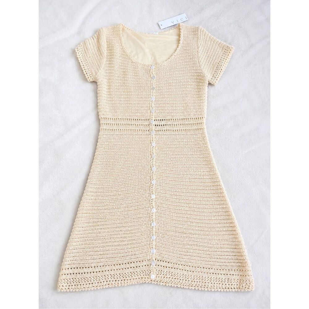 Storia Cream Crochet Knit Mini Dress Women’s Large Cottagecore Button Front